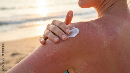 Close-up of a hand applying white after-sun balm on a sunburned shoulder with peeling skin texture at the beach during summer