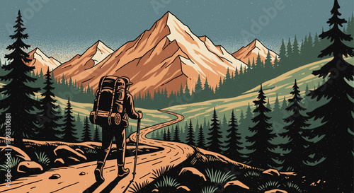 Stylized illustration featuring a hiker with backpack and trekking poles walking toward mountain peaks through a forest, perfect for outdoor adventure themes.