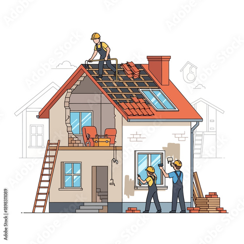 House Renovation: Construction workers repairing and building a residential house