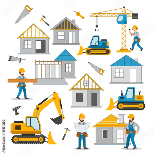 Construction Site Elements: Houses, Machinery, Workers, Tools - Vector Illustration