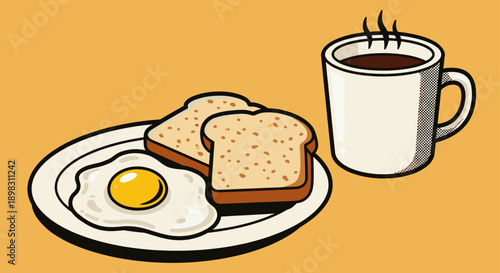 A retro style cartoon illustration featuring a sunny side up egg, toast, and steaming coffee. Simple food concept, suitable for menus, and other food-related media.