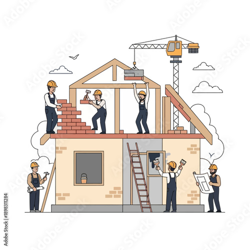 Construction workers building a house with crane, blueprint, and tools