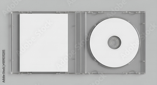 blank dvd case, Open clear plastic CD jewel case with blank white disc and insert for branding. Mock-up of compact disc packaging on soft gray background. Represents digital storage, music or software