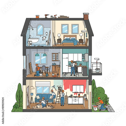 Home Renovation: Workers Remodeling House Interior & Exterior