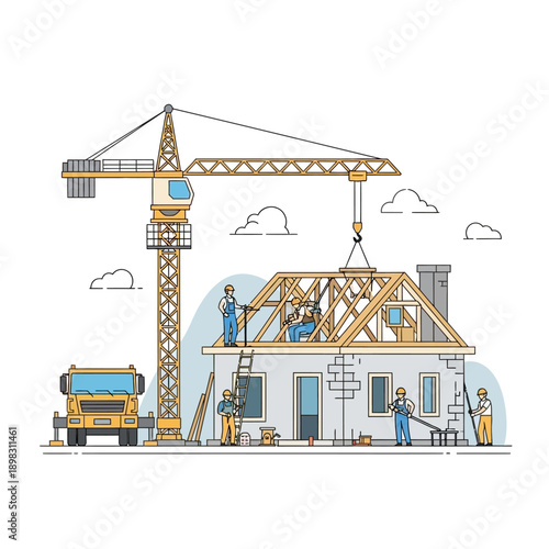 Construction workers building a house with crane and truck