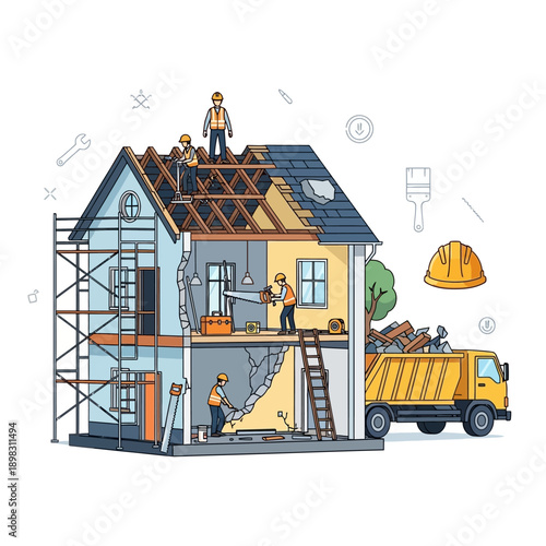 House Renovation and Construction Site with Workers and Dump Truck