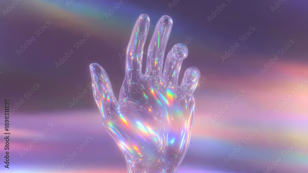Obraz premium A glass hand squeezes against the background of sunset 
