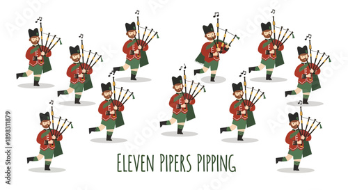 Eleven Pipers Piping Vector Illustration - Traditional Christmas Carol Theme, Festive Holiday Graphic for Greeting Cards and Seasonal Designs