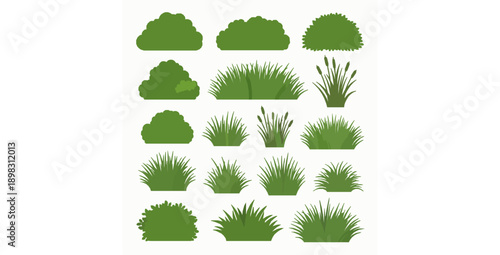 Lush bushes grass and reed plants flat vector landscape set on white background