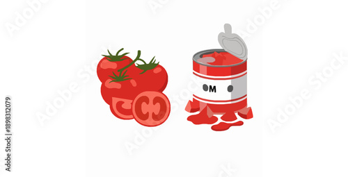 Fresh and canned tomatoes flat vector illustration set for food preservation concept
