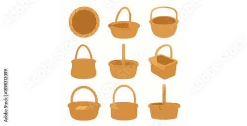 Isolated straw wicker baskets flat vector elements for eco design