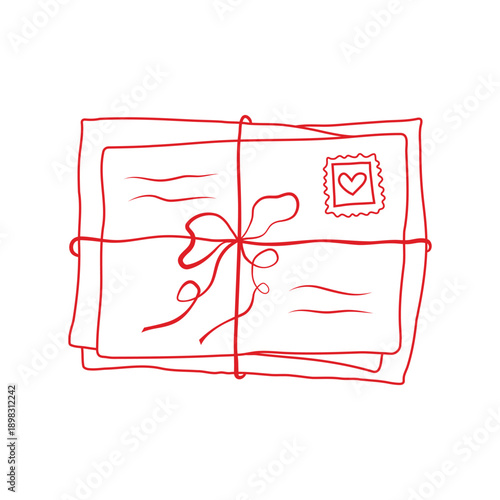 Love letter outline vector illustration. Hand drawn red line sketch drawing of stack of envelopes with ribbon bow isolated on white background. Romantic letter with heart postage stamp for Valentine
