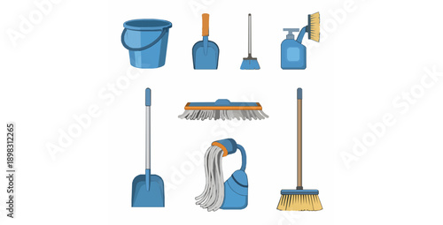 Household cleaning equipment flat vector set with bucket mop and shovel