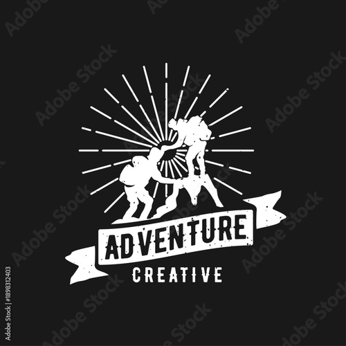 Vintage Creative Adventure Logo with Two Mountain Climbers Helping Each Other Against Sunburst