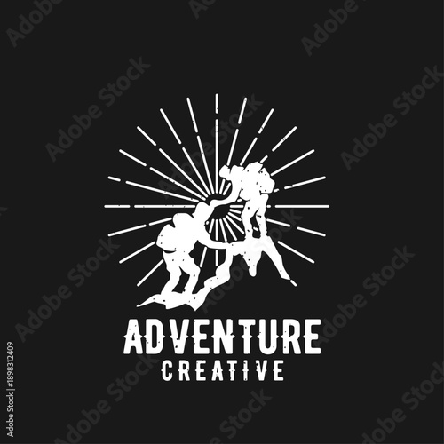 Adventure Creative vintage distressed logo with stylized rock climbers on a mountain peak against a sunburst