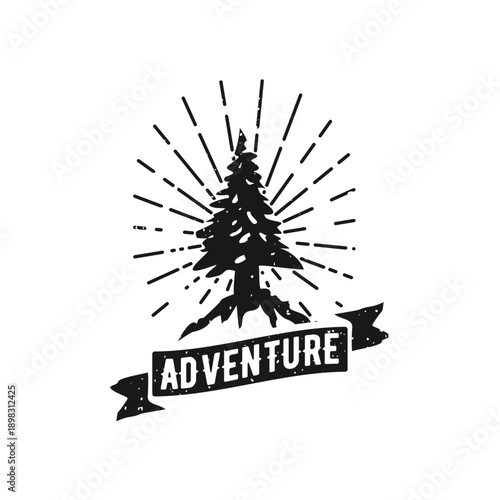 Vintage Hand-drawn Adventure Logo with Pine Tree Silhouette, Sunburst Rays, and Banner Text