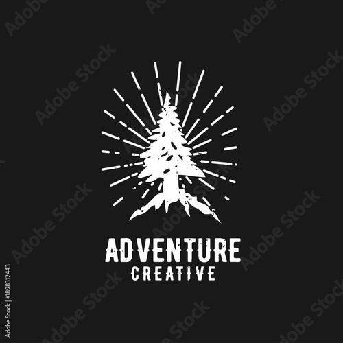 Distressed Vintage Adventure Creative Logo Design Featuring Pine Tree, Mountains, and Radiant Lines for Outdoor and Nature Branding