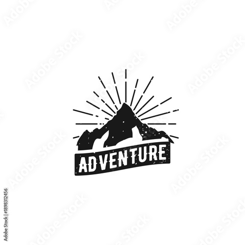 Vintage Adventure Mountain Logo with Sun Rays and Distressed "ADVENTURE" Text