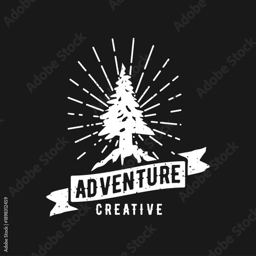 Retro Adventure Creative Pine Tree Emblem Design with Sunburst and Ribbon Banner