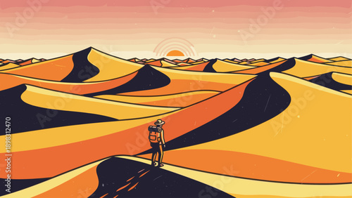 An illustration of a hiker with a backpack walking across vibrant orange and yellow sand dunes towards a sun setting on the horizon, conveying a sense of adventure.