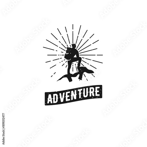 Vintage Hiker Silhouette Adventure Logo with Sunburst and Distressed Banner Graphic for Outdoor and Travel Themes