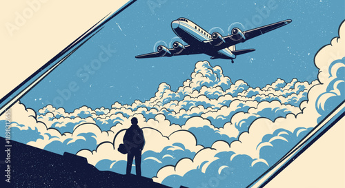 Retro style illustration of a man standing on a hill looking up at a vintage airplane flying above the clouds. Nostalgic travel, adventure or freedom themed.