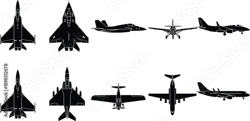Military aircraft silhouettes collection featuring fighter jets bombers propeller planes isolated black shapes aviation defense illustration set