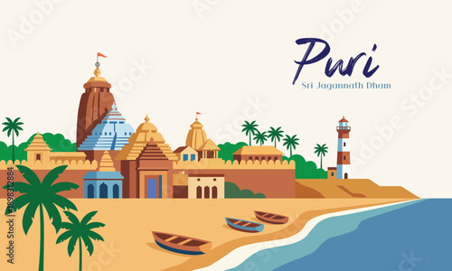 Minimal 2d flat vector Odisha Puri cityscape illustration with Sri Jagannath Temple, beach, lighthouse and coastal vibes
