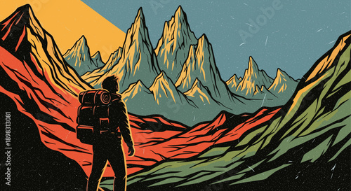Retro style illustration of a lone hiker with backpack facing towering mountains at sunset. Ideal for travel blogs, outdoor adventure promotions, and branding materials.
