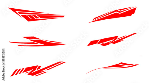 Red angular racing stripe vector set for motorsport, racing stripe speed, sport decals, vehicle tuning stickers vector graphic customization.