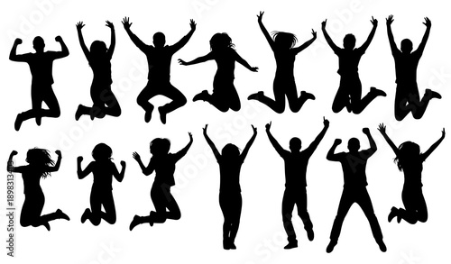 Jumping friends people silhouette icon set vector