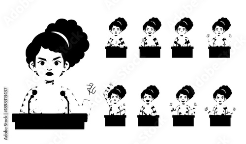 African-American female politician speech cartoon vector set