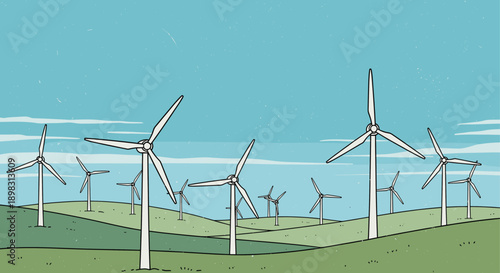 A vintage-style illustration showing wind turbines generating clean energy on a landscape of rolling green hills under a pastel blue sky. Ideal for environmental campaigns.