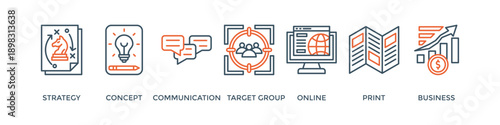 Marketing banner web icon vector illustration concept with icon of strategy, concept, communication, target group, online, print and business