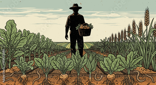 An illustration of a farmer with a basket of harvest, standing in a field with root vegetables and wheat, representing sustainable agriculture, organic farming, and the farm-to-table movement.