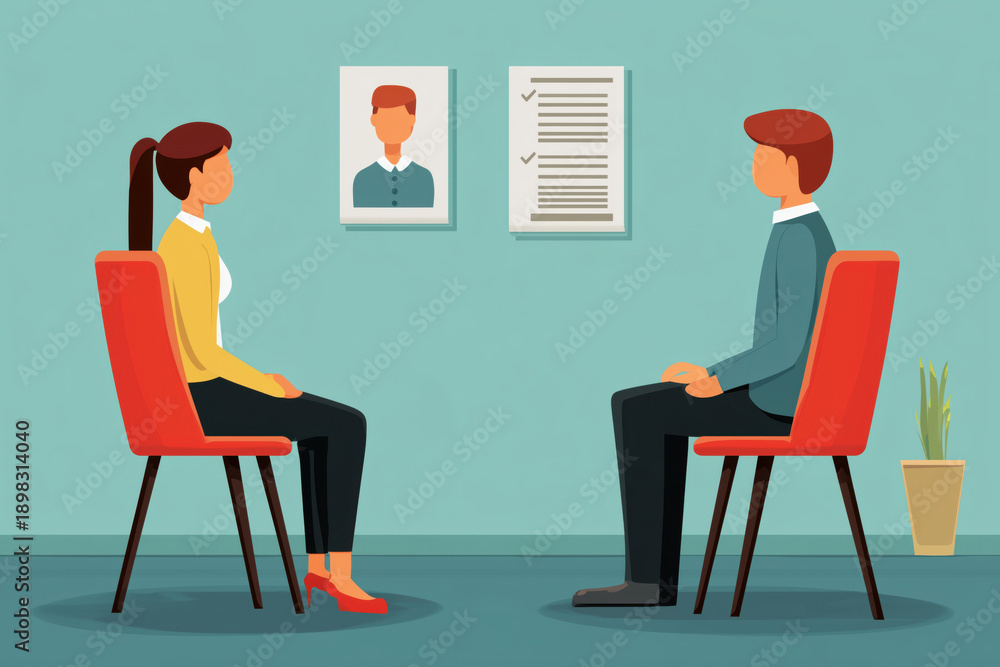 Fototapeta premium Caucasian young adult woman and Caucasian young adult man sitting on chairs facing each other in office setting, engaging in conversation with framed portrait and checklist on wall