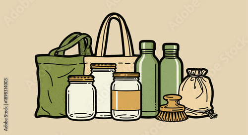 Illustrated zero waste kit featuring reusable tote bags, glass jars, water bottles, and a cleaning brush. Ideal for eco-friendly themes, environmental awareness.