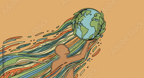 Illustration showing a person holding the Earth with a laurel wreath, symbolizing peace and environmental protection.  Ideal for articles or campaigns promoting sustainability, ecology, and harmony.