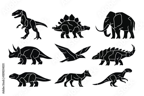 A collection of prehistoric animals depicted in bold black silhouettes on a white background