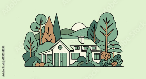 A stylized illustration of a modern house nestled within trees and greenery. Perfect for real estate, architecture, or eco-friendly campaigns, offering a fresh and contemporary design.