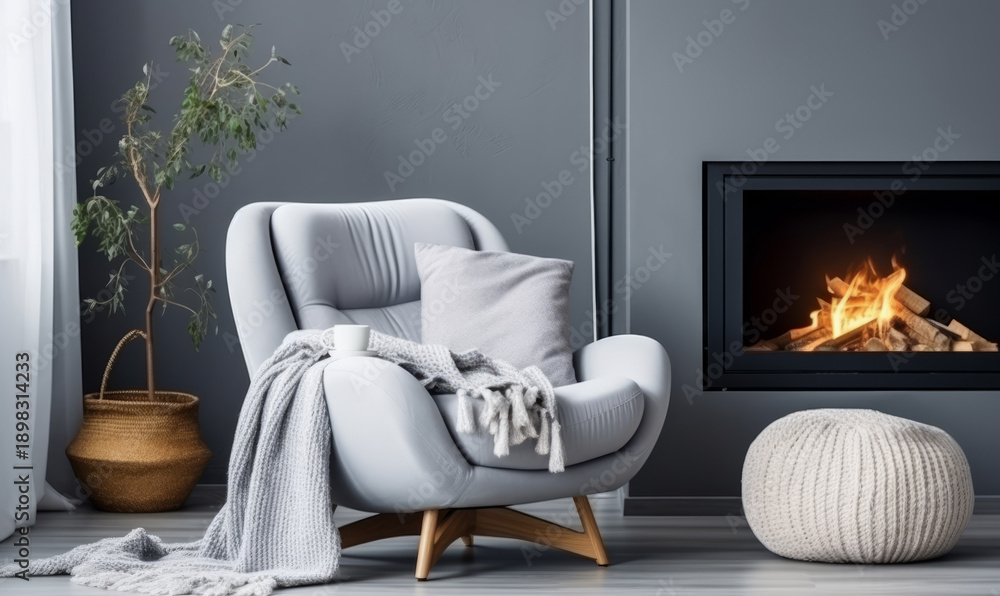 Fototapeta premium Scandinavian style home interior design with comfortable arm chair and fireplace