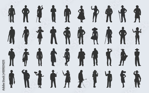 A collection of silhouetted figures in vintage clothing including hats and walking sticks