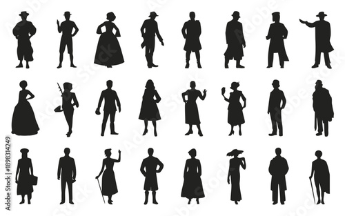 A collection of detailed black silhouettes depicting people from the 19th century