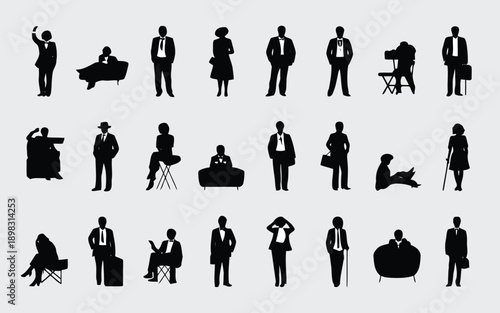 Silhouettes of people and furniture arranged in rows a minimalist vector design