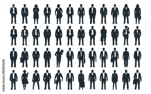 A large group of silhouetted figures mostly men in suits and hats arranged in rows
