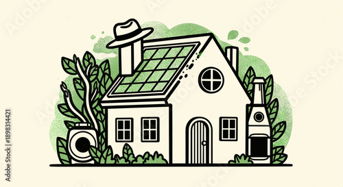 Cartoon illustration of a sustainable house with solar panels, plants and eco-friendly elements, promoting environmental awareness and green living concepts for brochures and educational materials.