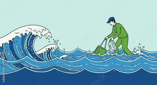Stylized cartoon illustration of a man in green using a vacuum cleaner and plastic bag to clean up ocean wave. Environmental concept, conservation efforts.