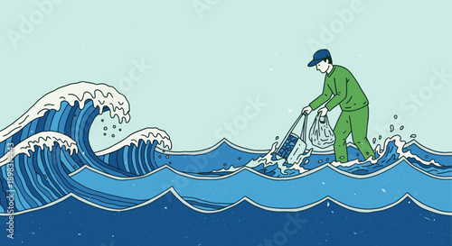 Stylized cartoon illustration of a man wading through ocean waves, collecting plastic trash and debris with nets and bags. Concept for environment, cleanup, or conservation.