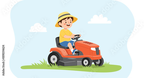 Happy young boy wearing a hat enjoys driving a red ride-on lawn mower on a green lawn during a bright and sunny summer day.