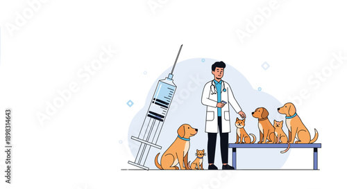 Veterinarian examines several dogs and cats in a clinic with a large syringe symbolizing pet health and vaccination.